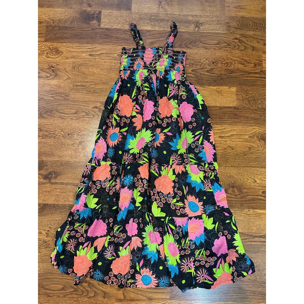 Energie 100% Cotton Smocked Vibrant Floral Maxi Dress Women’s Large Black Summer